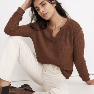 Madewell Split Neck Long-Sleeve Waffle Shirt Dark Brown Top Small S
